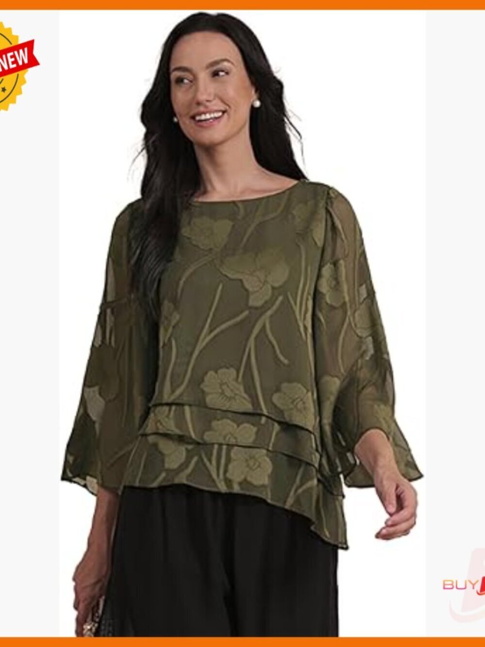 Chiffon Lace Blouse 3/4 Sleeve Floral Round Neck Business Casual Top